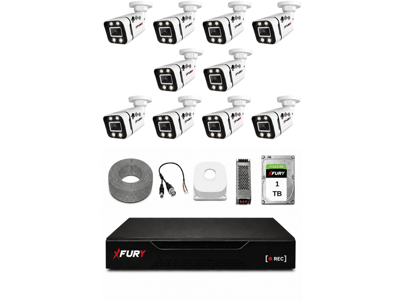 FURY 10 Kameralı Sesli 4 Warm LED Gece Renkli Görüş 1 TB HDD 5580s Güvenlik Kamera Seti Siyah