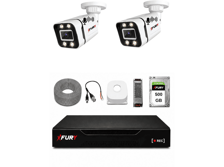 FURY 2 Kameralı Sesli 4 Warm LED Gece Renkli Görüş 500GB HDD 5580s Güvenlik Kamera Seti Siyah