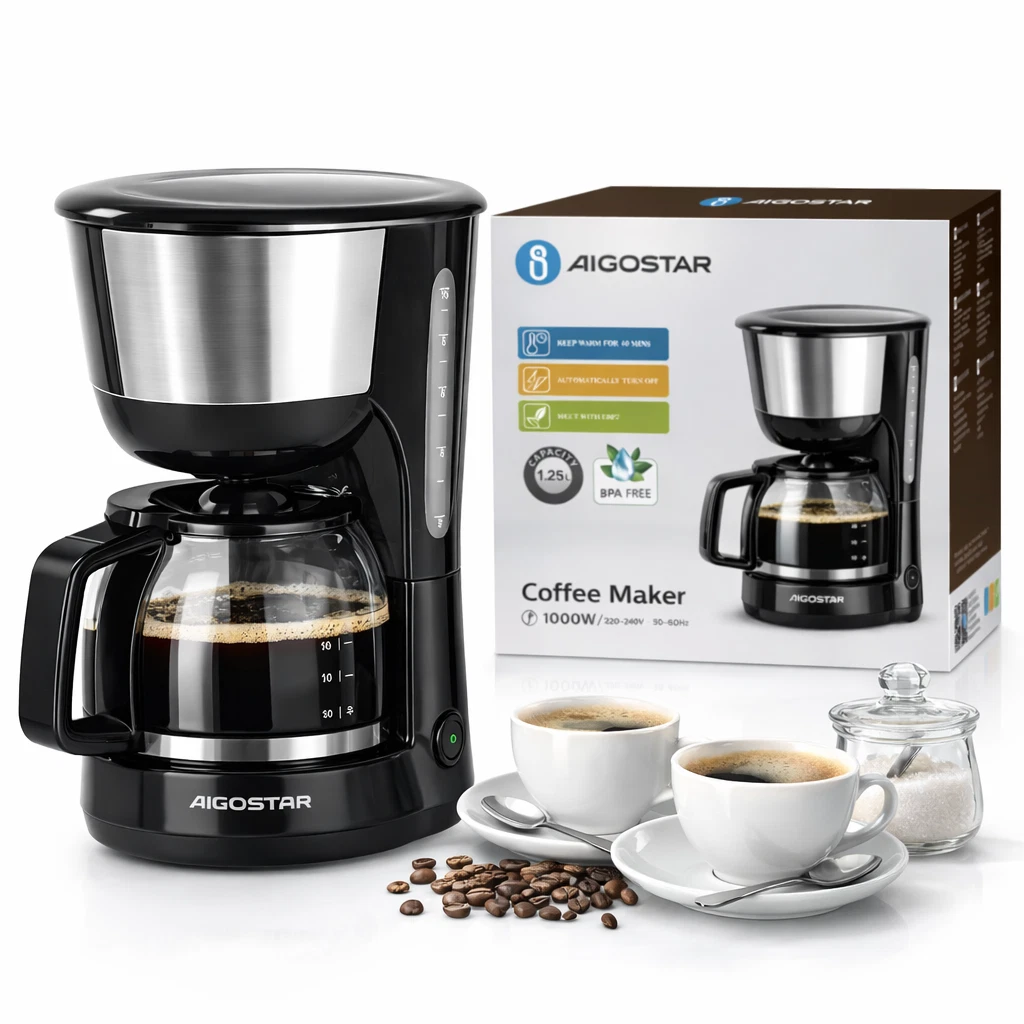 Caffettiera nera Aigostar con caraffa in vetro, chicchi di caffè, due tazze e scatola.