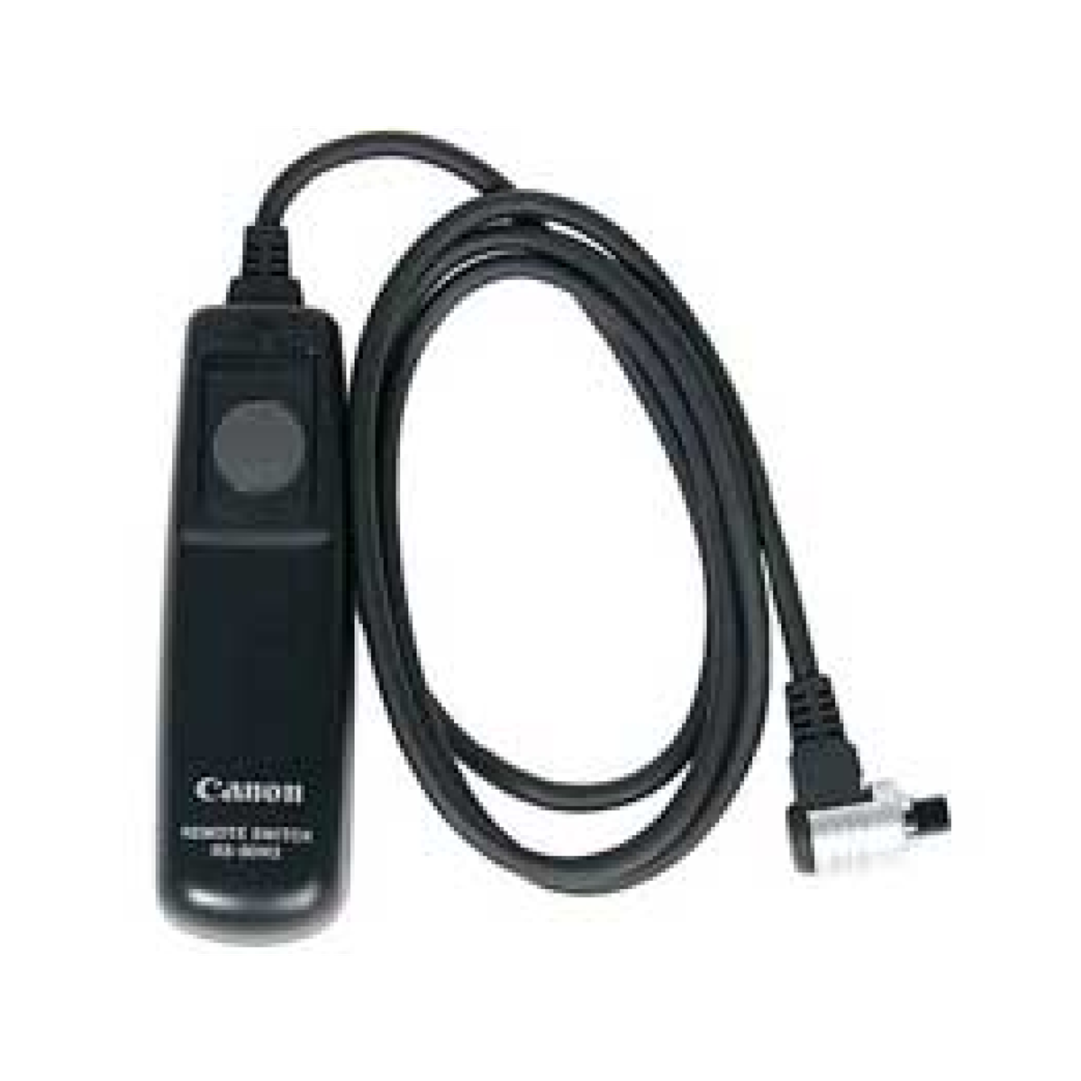 Ein schwarzer Canon Fernauslöser mit Kabel und silbernem Stecker.