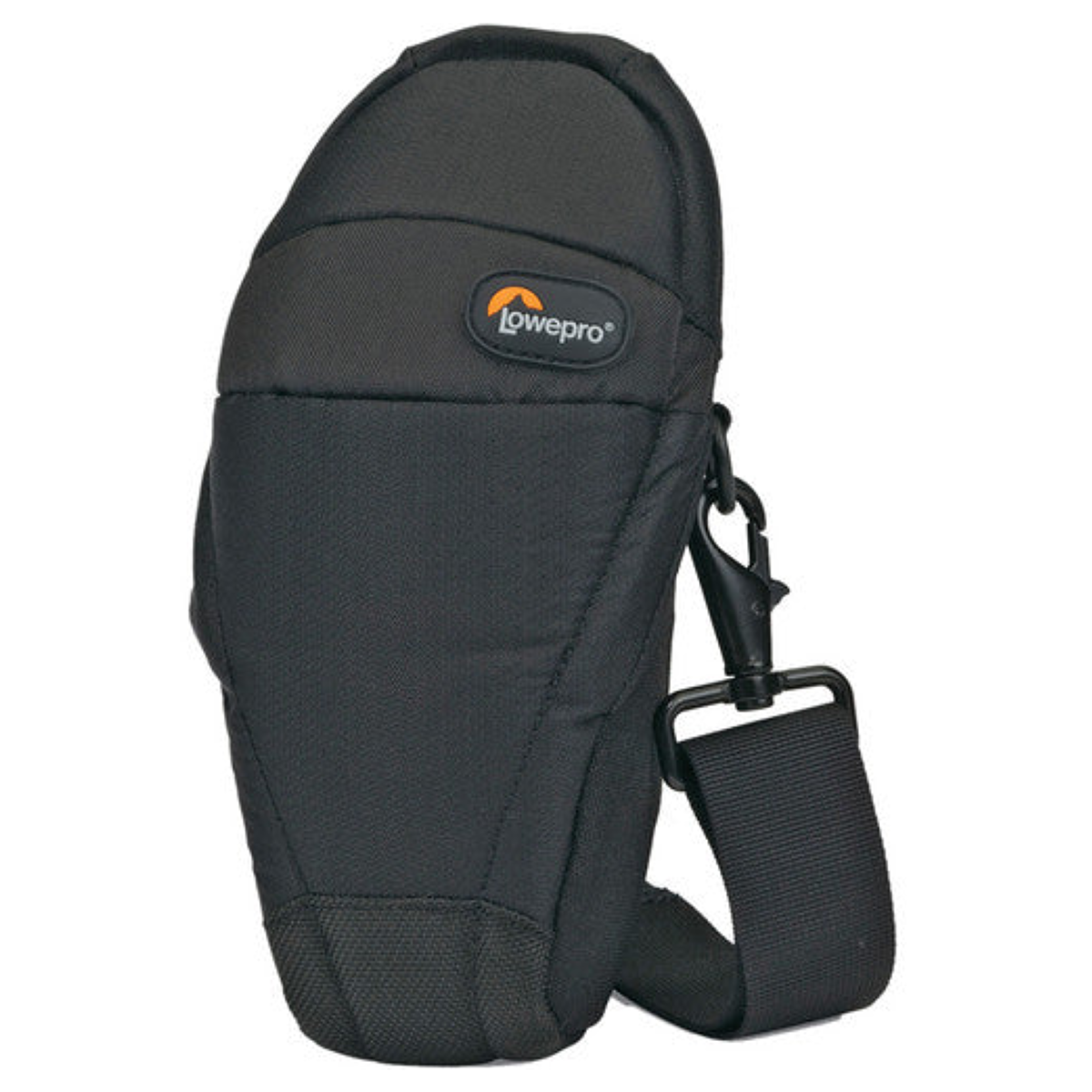 Eine schwarze Lowepro Kameratasche mit Schultergurt vor weißem Hintergrund.