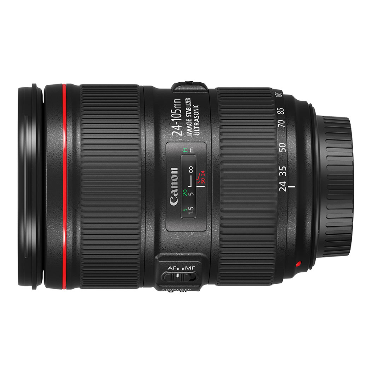Schwarzes Canon 24-105mm Objektiv mit roten Akzenten vor weißem Hintergrund.