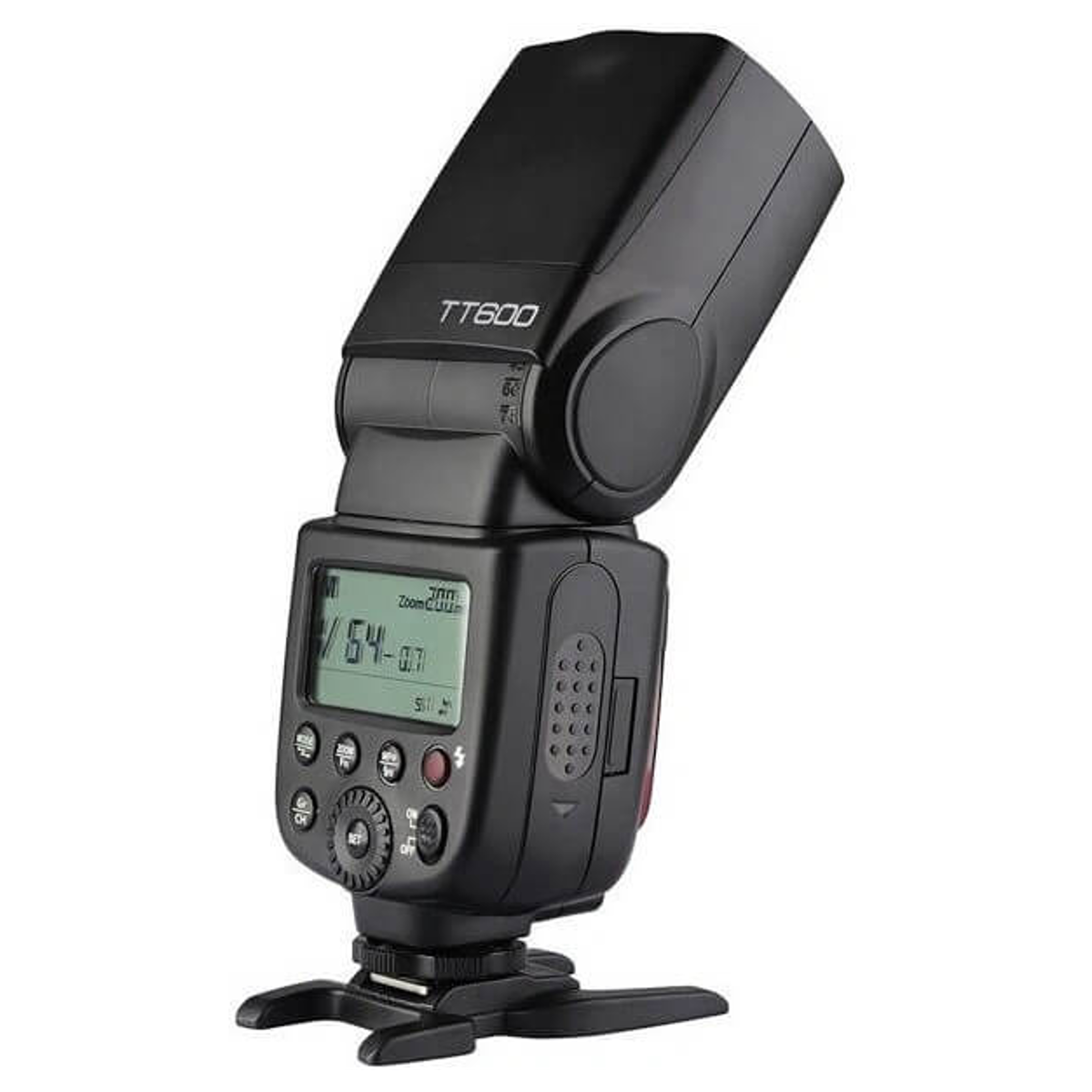 Czarna lampa błyskowa TT600 z ekranem LCD i przyciskami sterującymi na białym tle.