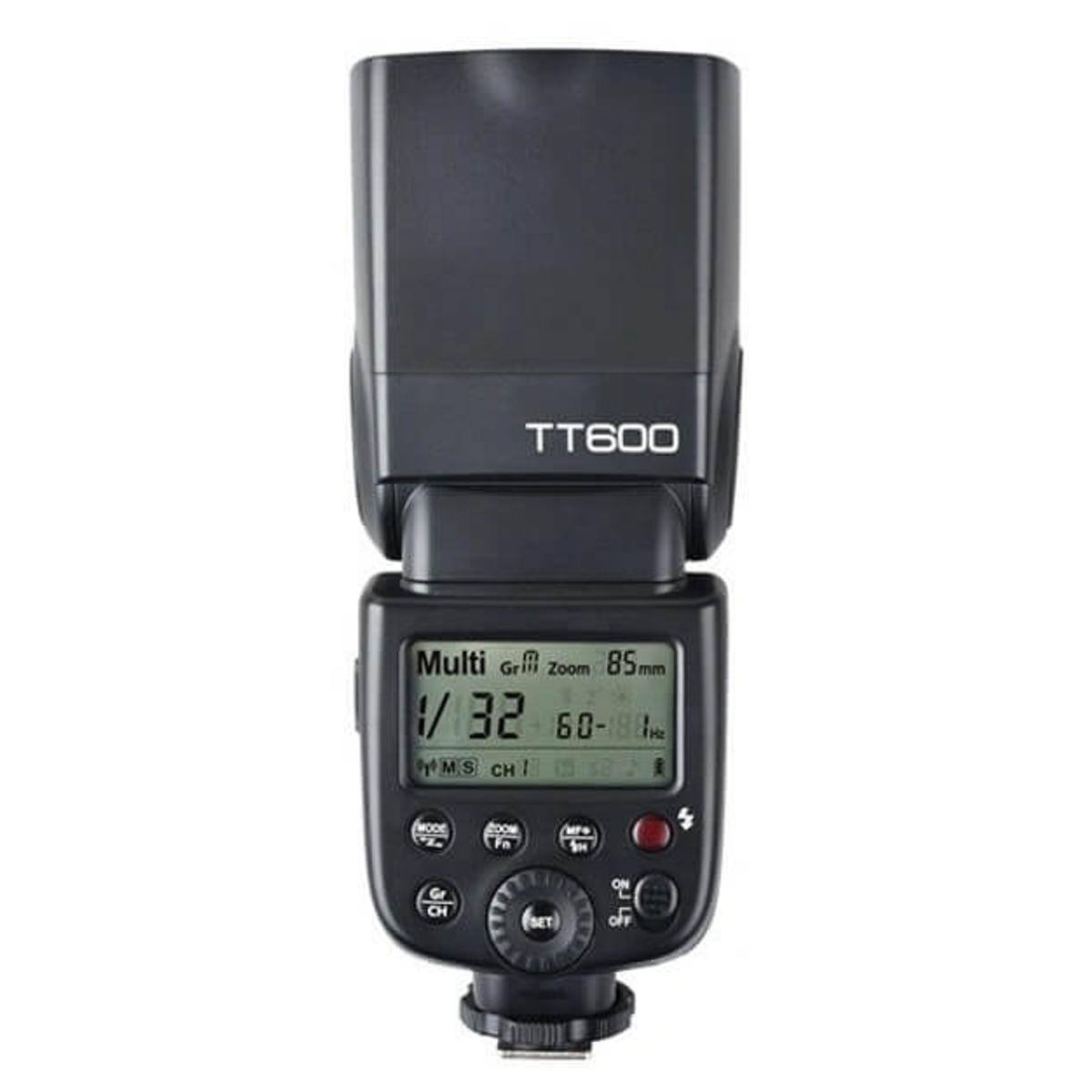 Czarna lampa błyskowa TT600 z ekranem LCD i przyciskami sterującymi na białym tle.