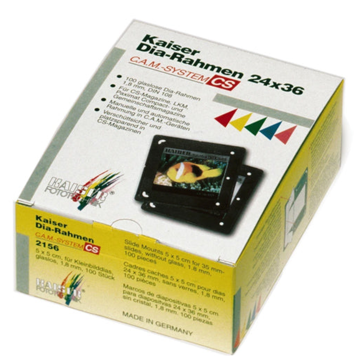 Verpackung von Kaiser Dia-Rahmen CS mit Produktinformationen und Beispielfoto von einem Fisch.