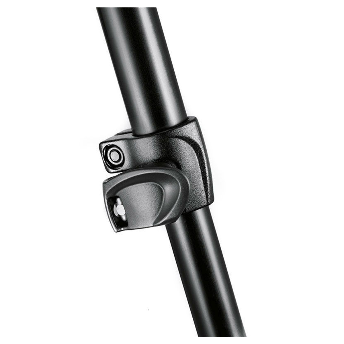 Close-up of a black tripod pole with an adjustable clamp lock and tightening knob against a white background.