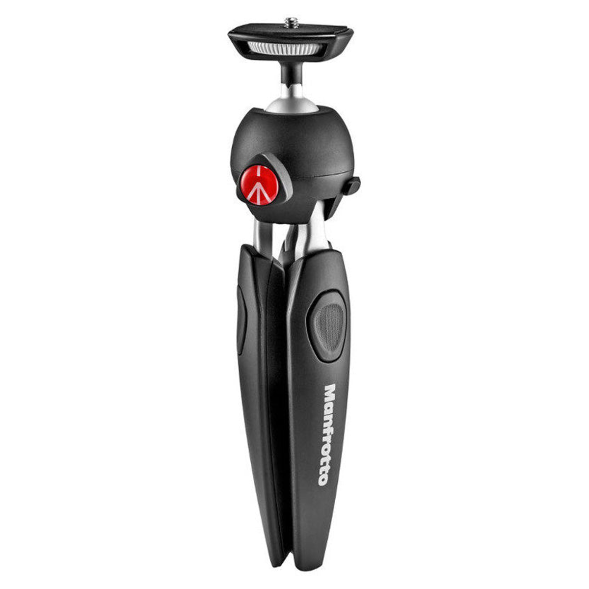 Un mini treppiede Manfrotto nero e argento con gambe piegate e un pulsante di regolazione rosso.