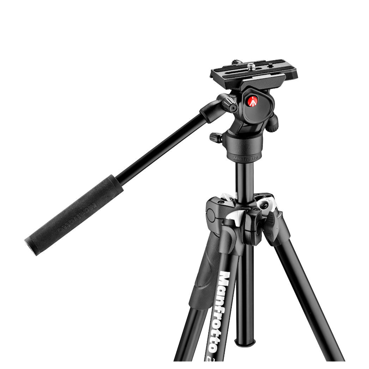 Schwarzes Manfrotto Kamerastativ mit Fluid-Videokopf und langem Schwenkarm vor weißem Hintergrund.