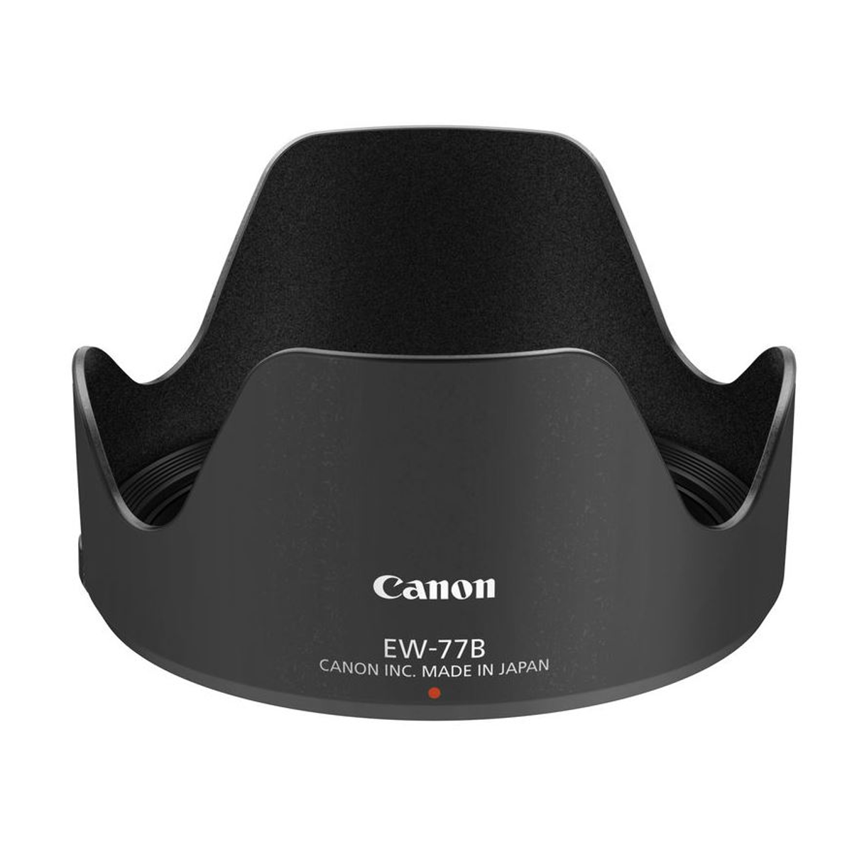 Schwarze Canon EW-77B Kamerablende auf weißem Hintergrund.