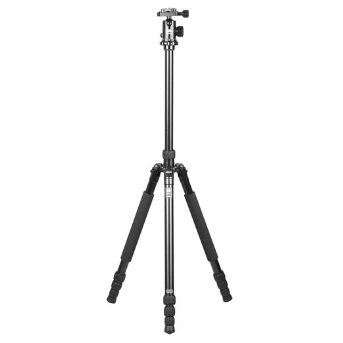 A black camera tripod with extended legs and a ball head on a light background.