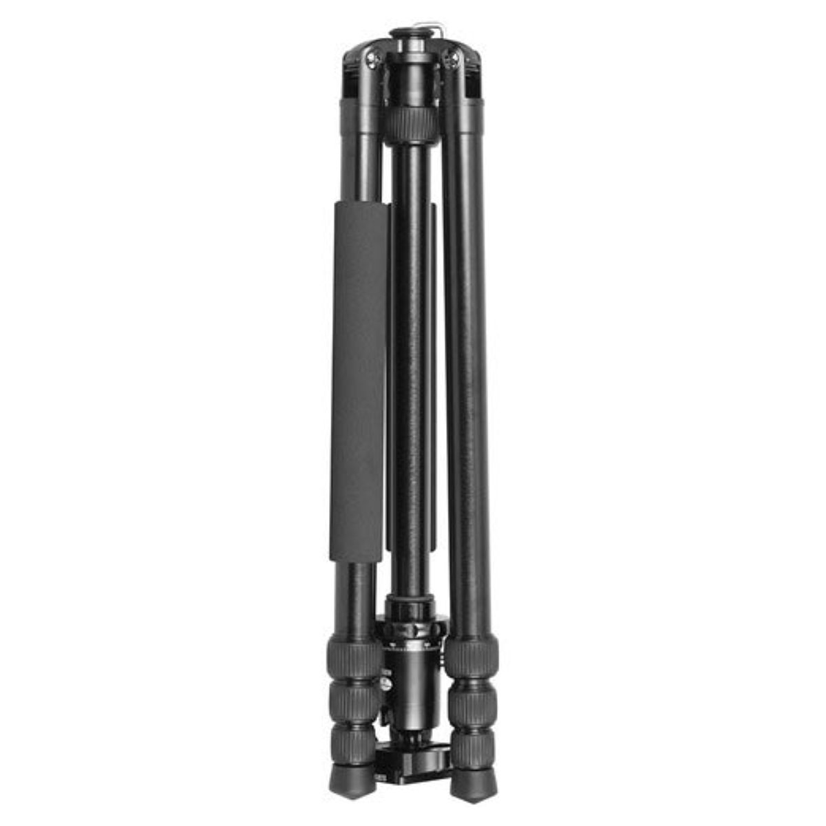 A closed black camera tripod with a foam grip stands vertically against a white background.