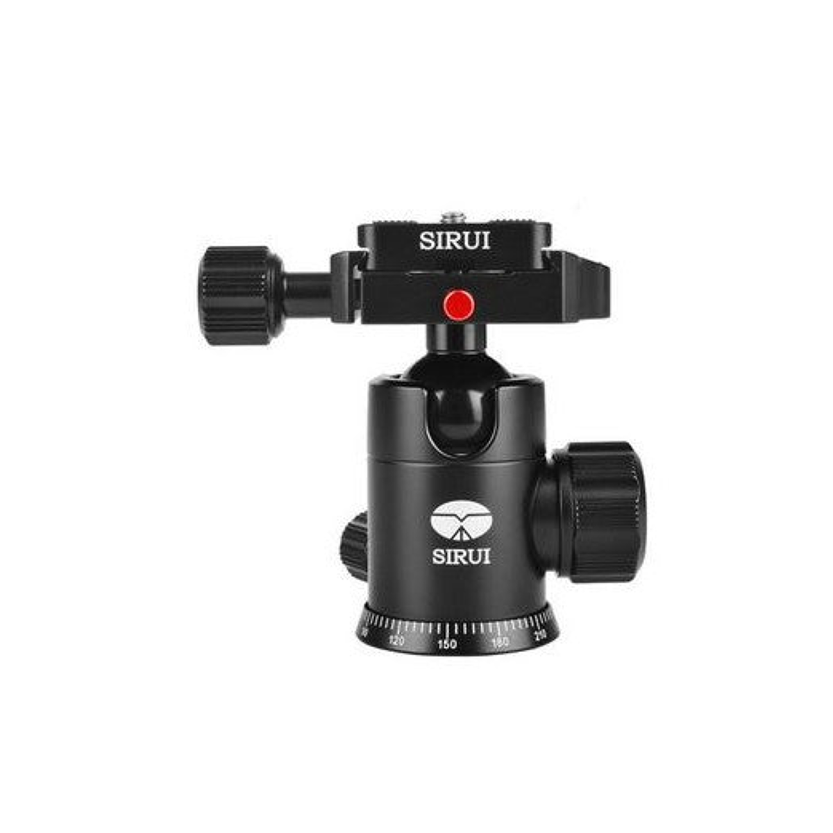 Black Sirui tripod ball head with control knobs and a scale on a white background.