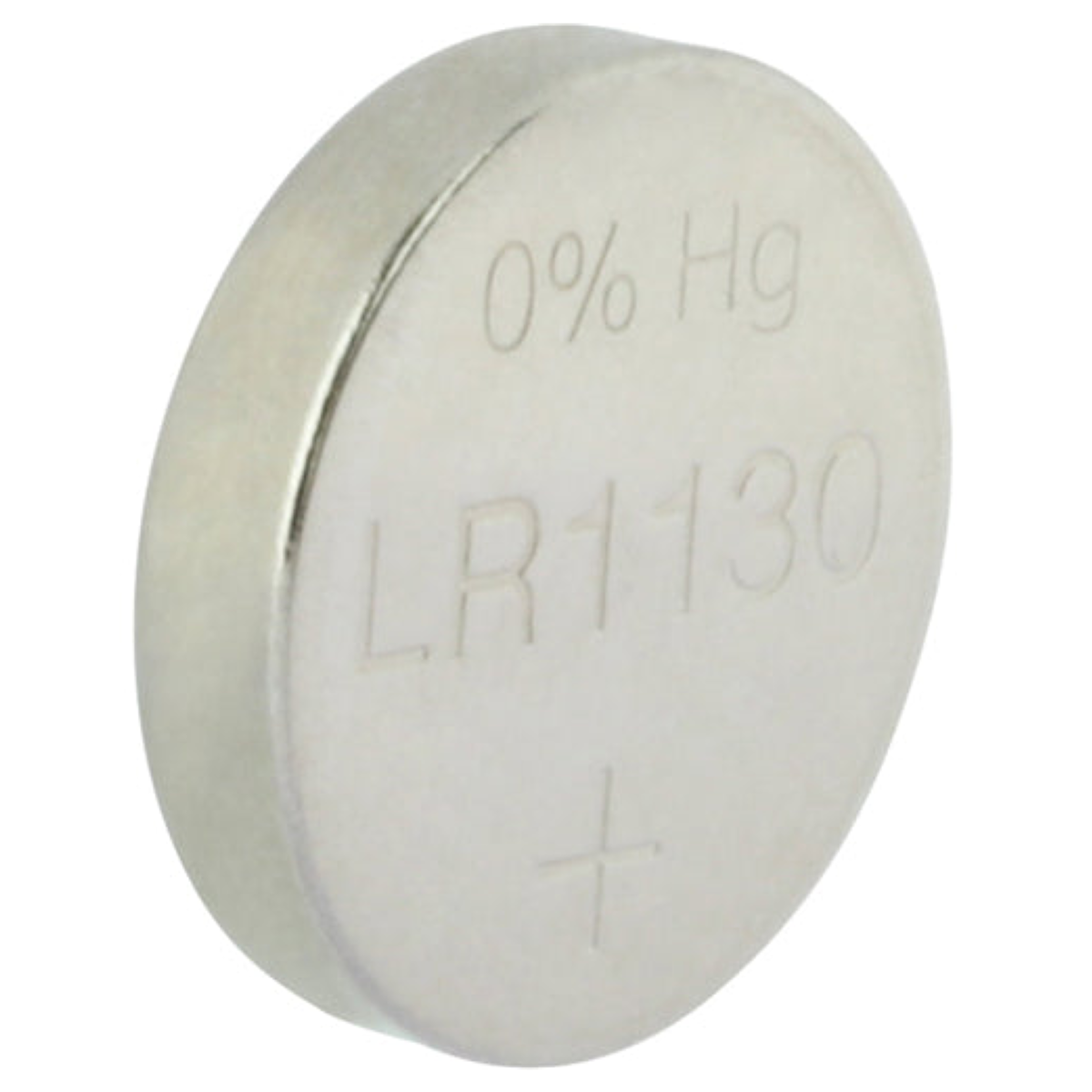 A small silver button cell battery LR1130 with 0% Hg text and a plus symbol, isolated on white.