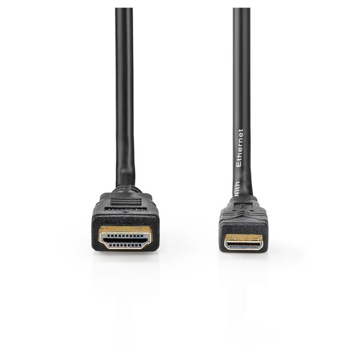 Two black HDMI cables with gold-plated connectors and white text against a white background.