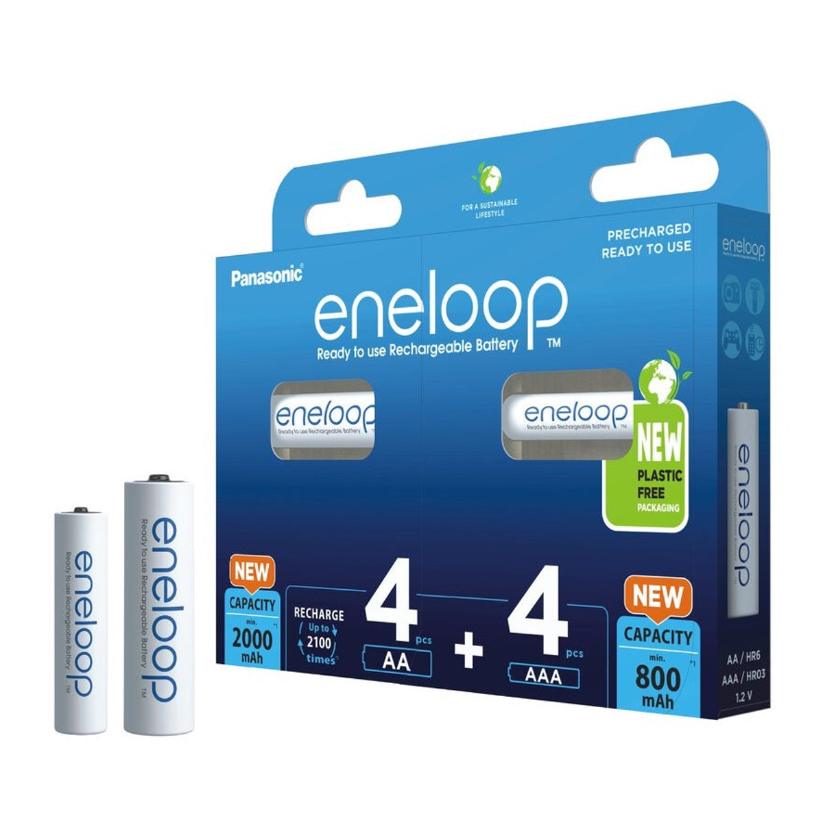 Panasonic eneloop Batteriepack mit 4 AA- und 4 AAA-Akkus sowie zwei einzelnen Batterien vorne.