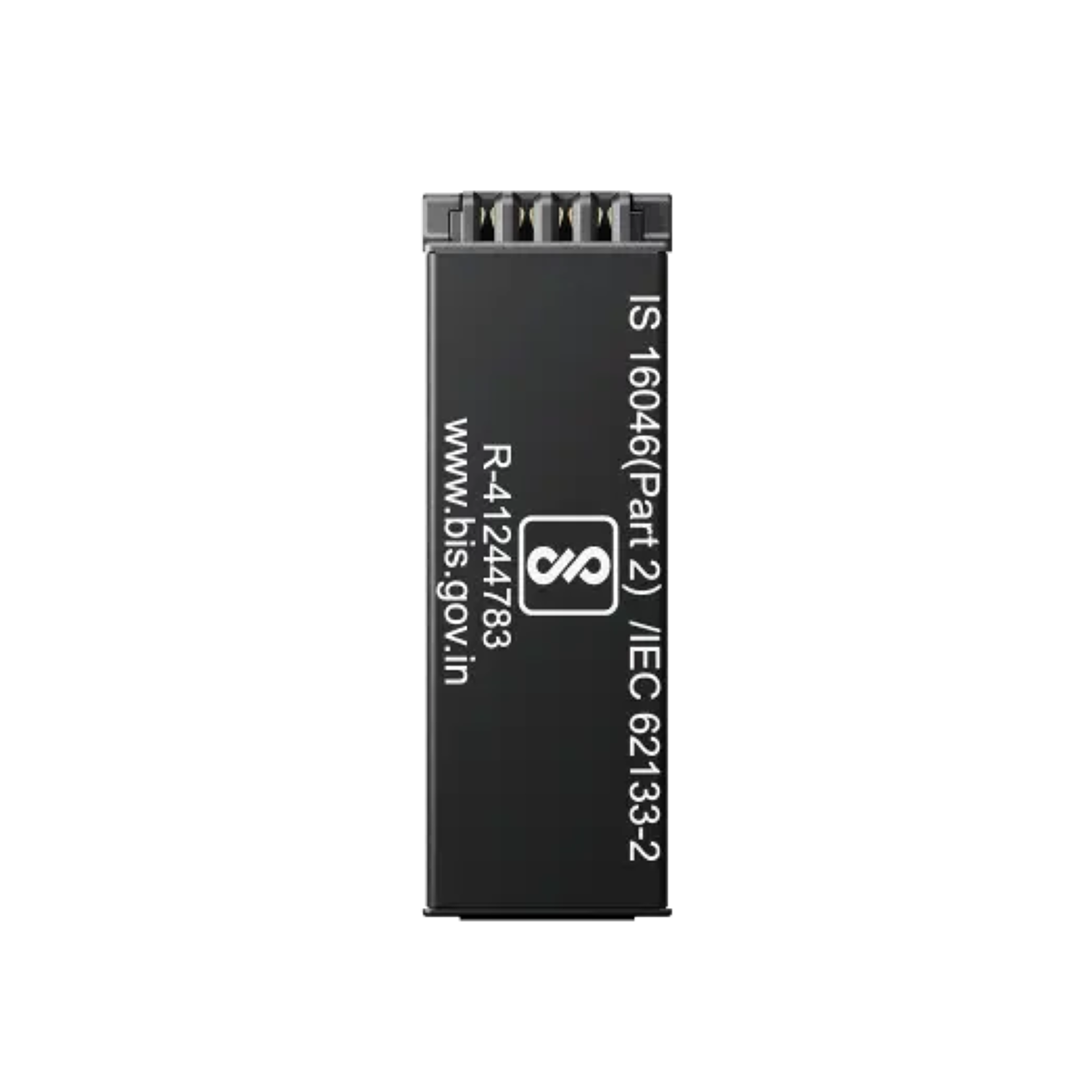 Schwarze Batterie mit Text und Symbolen auf weißem Hintergrund.