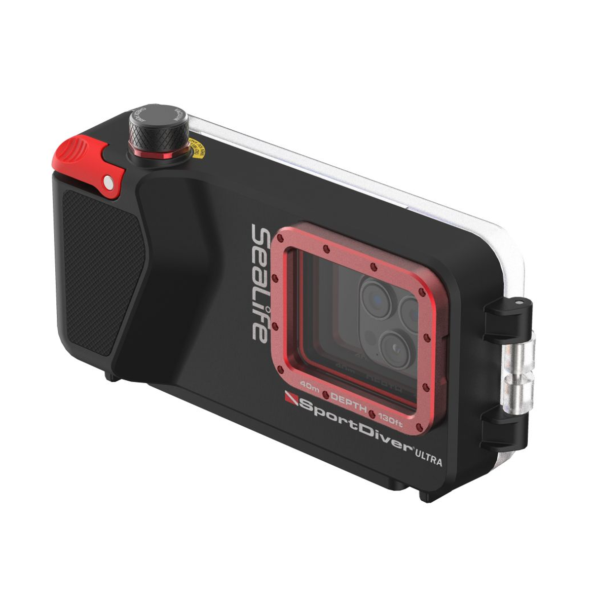 Custodia subacquea nera e rossa per smartphone Sealife SportDiver Ultra su sfondo bianco.