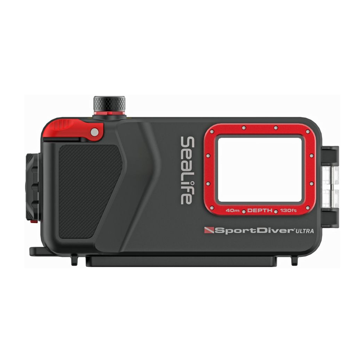 Custodia subacquea nera Sealife SportDiver Ultra con cornice rossa su sfondo bianco.