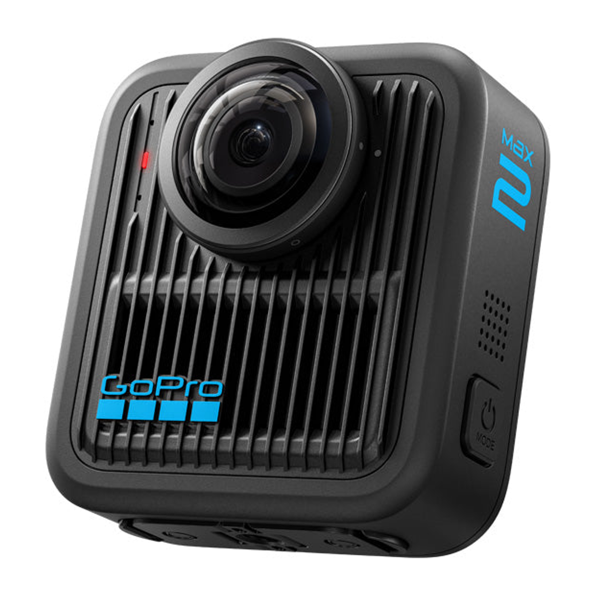 Una action cam GoPro Max 2 nera con obiettivo sferico e marchio blu su sfondo bianco.