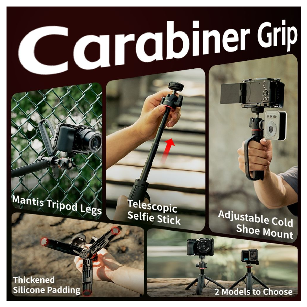 Produktwerbung für ein Stativ mit carabiner Griff, Teleskop-Selfiestick und verstellbarem Kaltschuh.