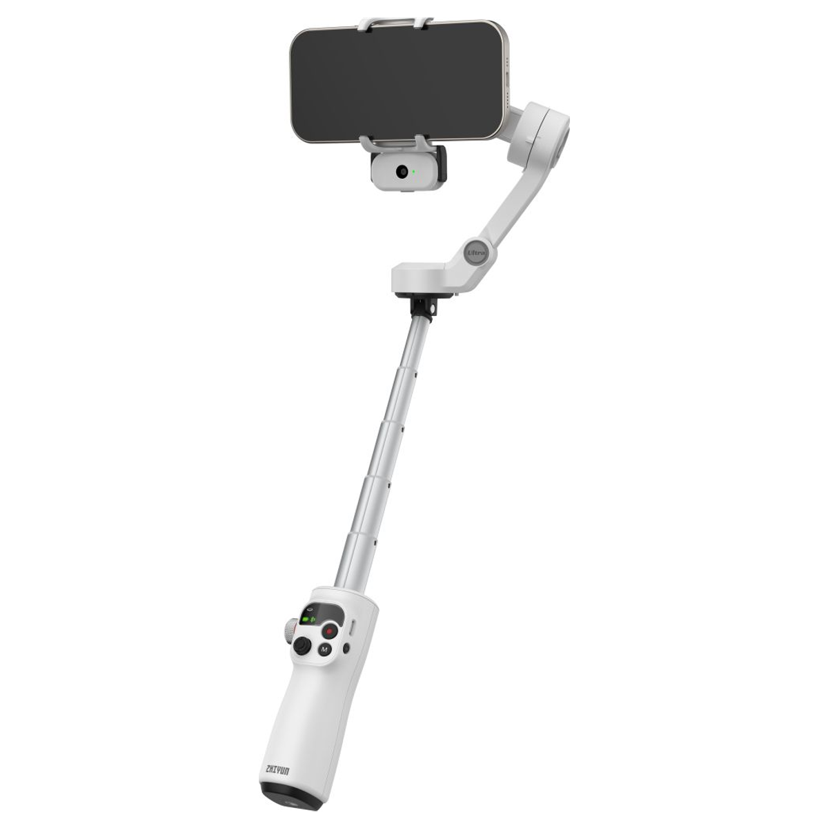 Ein weißer Smartphone-Gimbal mit ausziehbarem Stab und Bedienelementen am Griff hält ein schwarzes Smartphone.