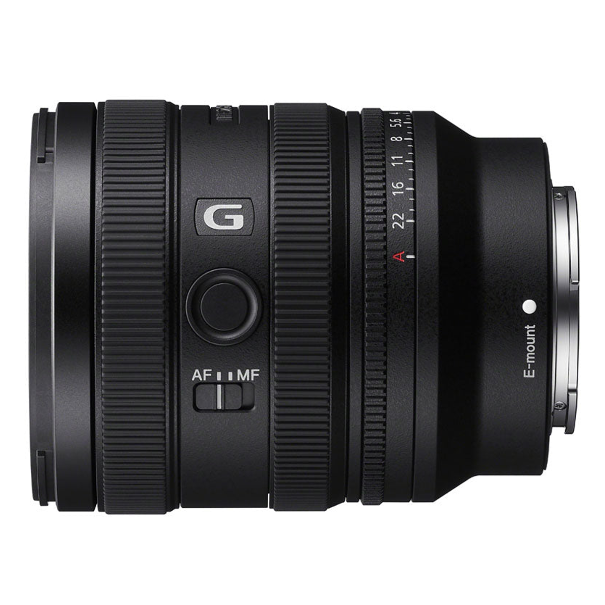 Netleme halkası ve AF-MF anahtarına sahip siyah Sony E-mount G Master kamera lensi.