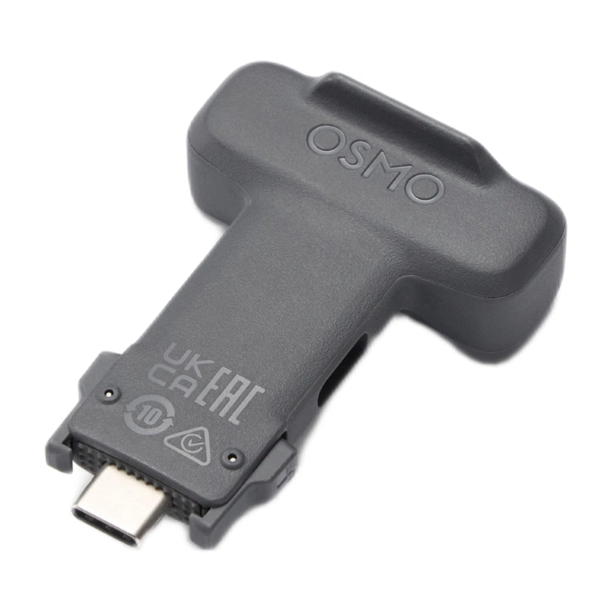 Szary, w kształcie litery T adapter USB-C Osmo z nadrukowanymi symbolami certyfikacji na białym tle.