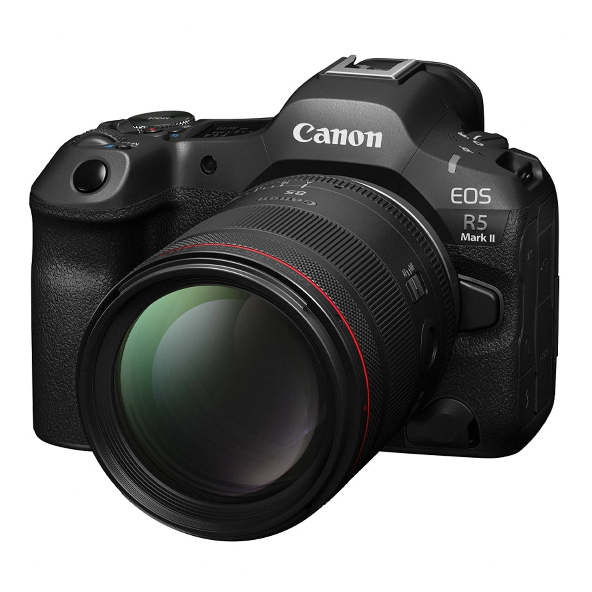 Schwarze Canon EOS R5 Mark II Kamera mit großem Objektiv auf weißem Hintergrund.