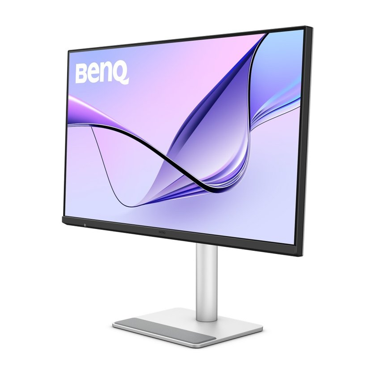 Un monitor BenQ con bisel delgado, soporte plateado y fondo de pantalla abstracto morado.