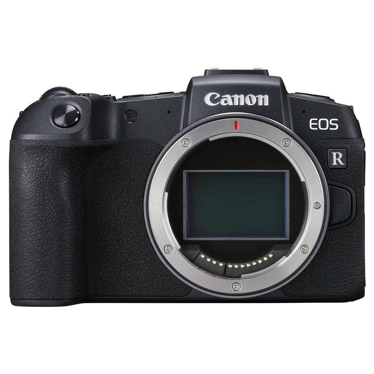 Vorderansicht des schwarzen Canon EOS R spiegellosen Kameragehäuses mit silbernem Bajonett und freiliegendem Sensor.