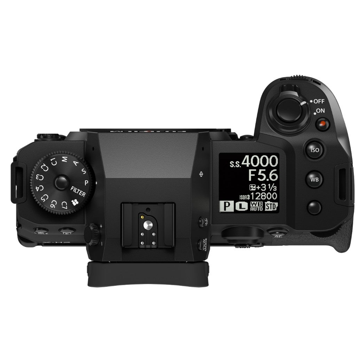 Oberseite einer schwarzen Fujifilm-Kamera mit Einstellrädern, Tasten und einem kleinen LCD-Bildschirm.
