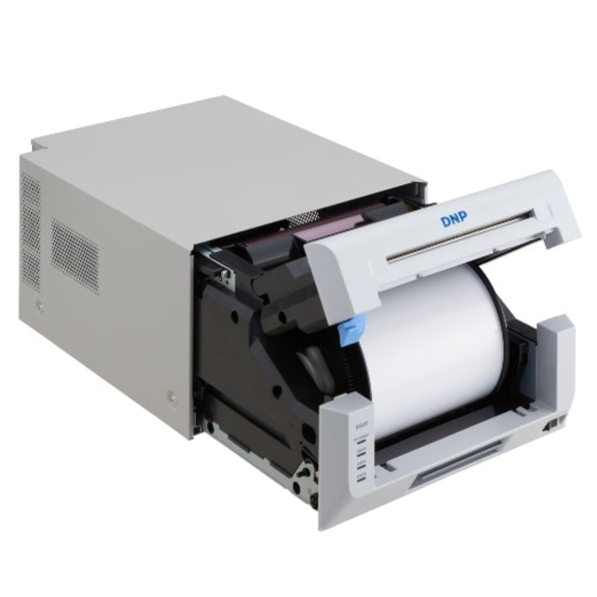 DNP-Fotodrucker in Grau mit offener Front und sichtbarer Papierrolle.