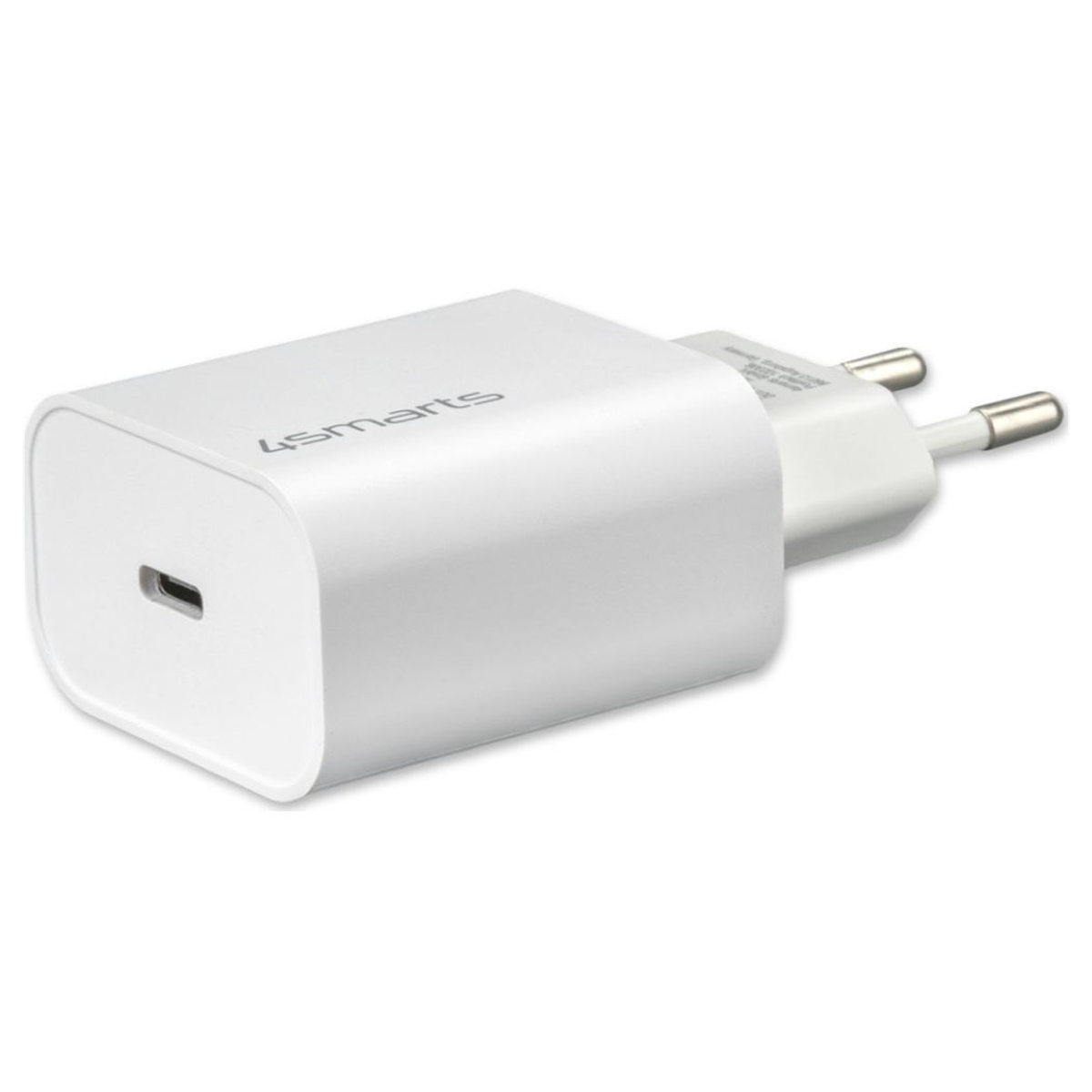Ein weißes USB-C-Wandladegerät mit europäischem Stecker auf weißem Hintergrund.