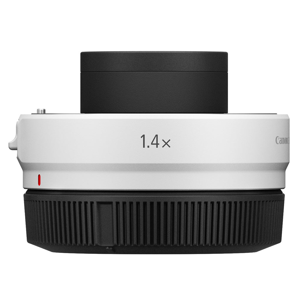 Beyaz arka plan üzerinde beyaz ve siyah bir Canon 1.4x teleconverter.