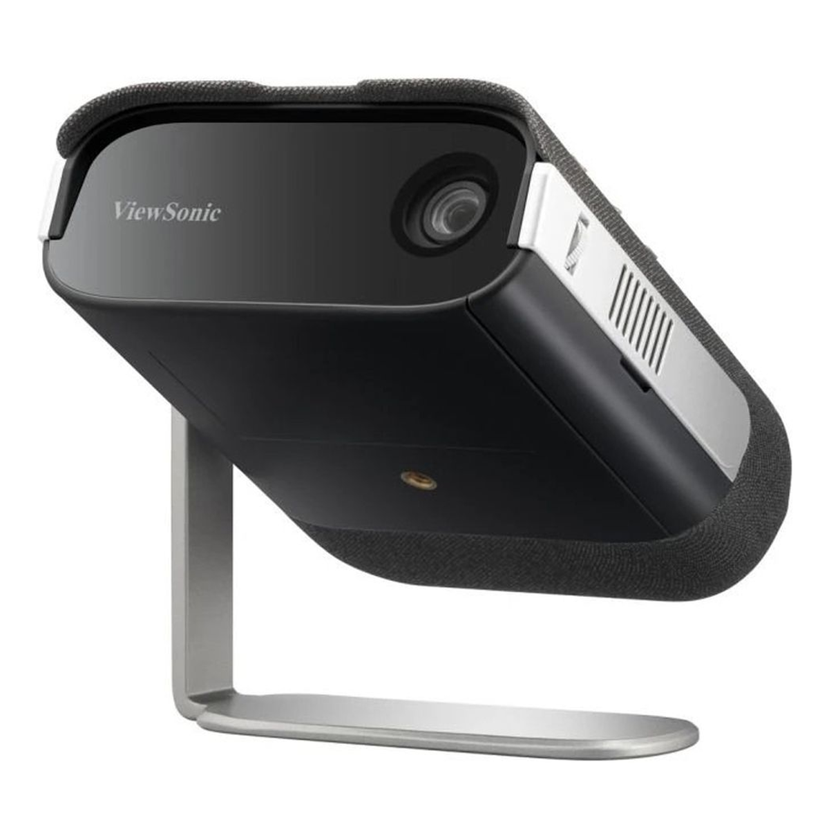 Ein schwarz-weißer tragbarer ViewSonic-Projektor auf einem silbernen Metallständer vor weißem Hintergrund.