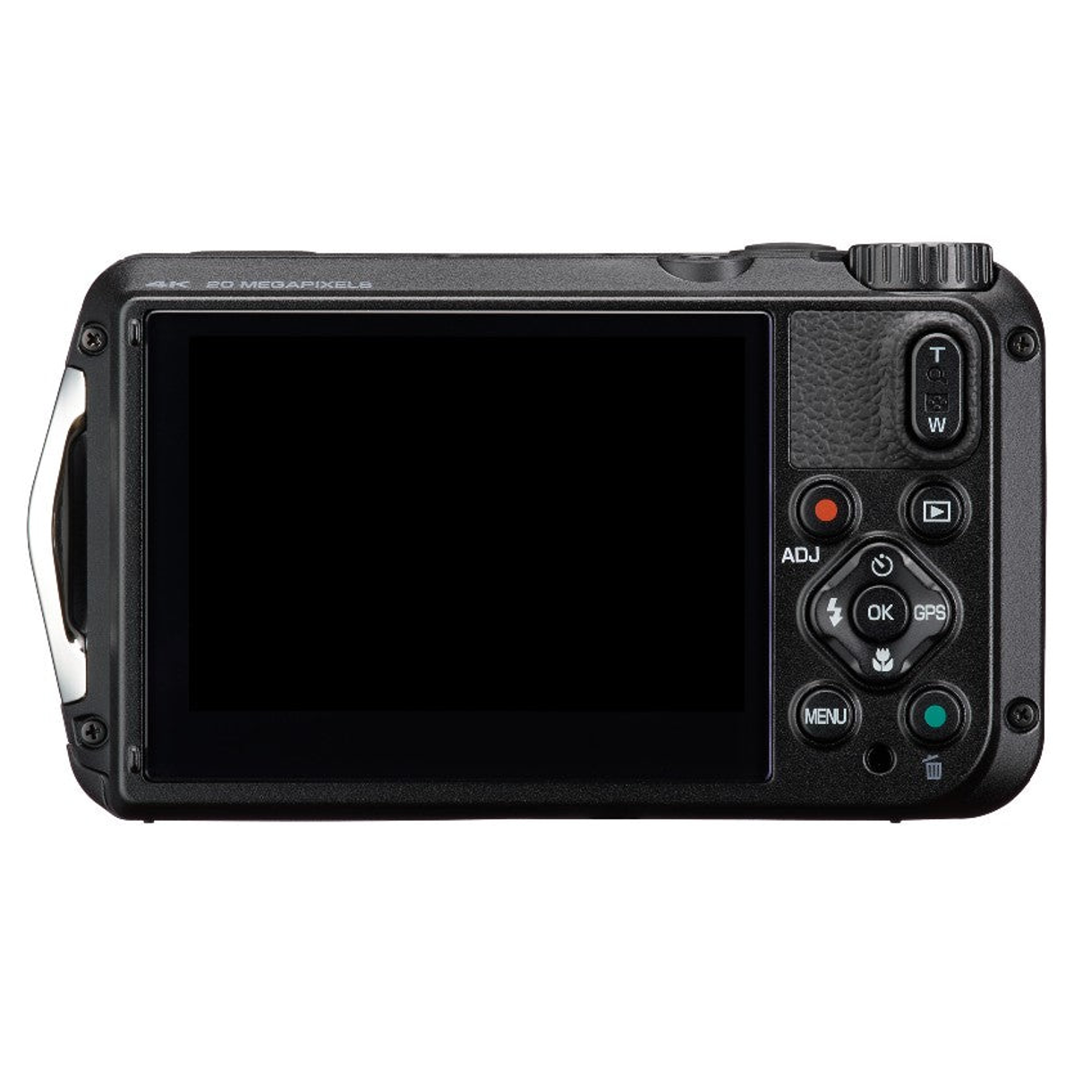 Parte trasera de una cámara digital negra con una pantalla grande y varios botones de control a la derecha.
