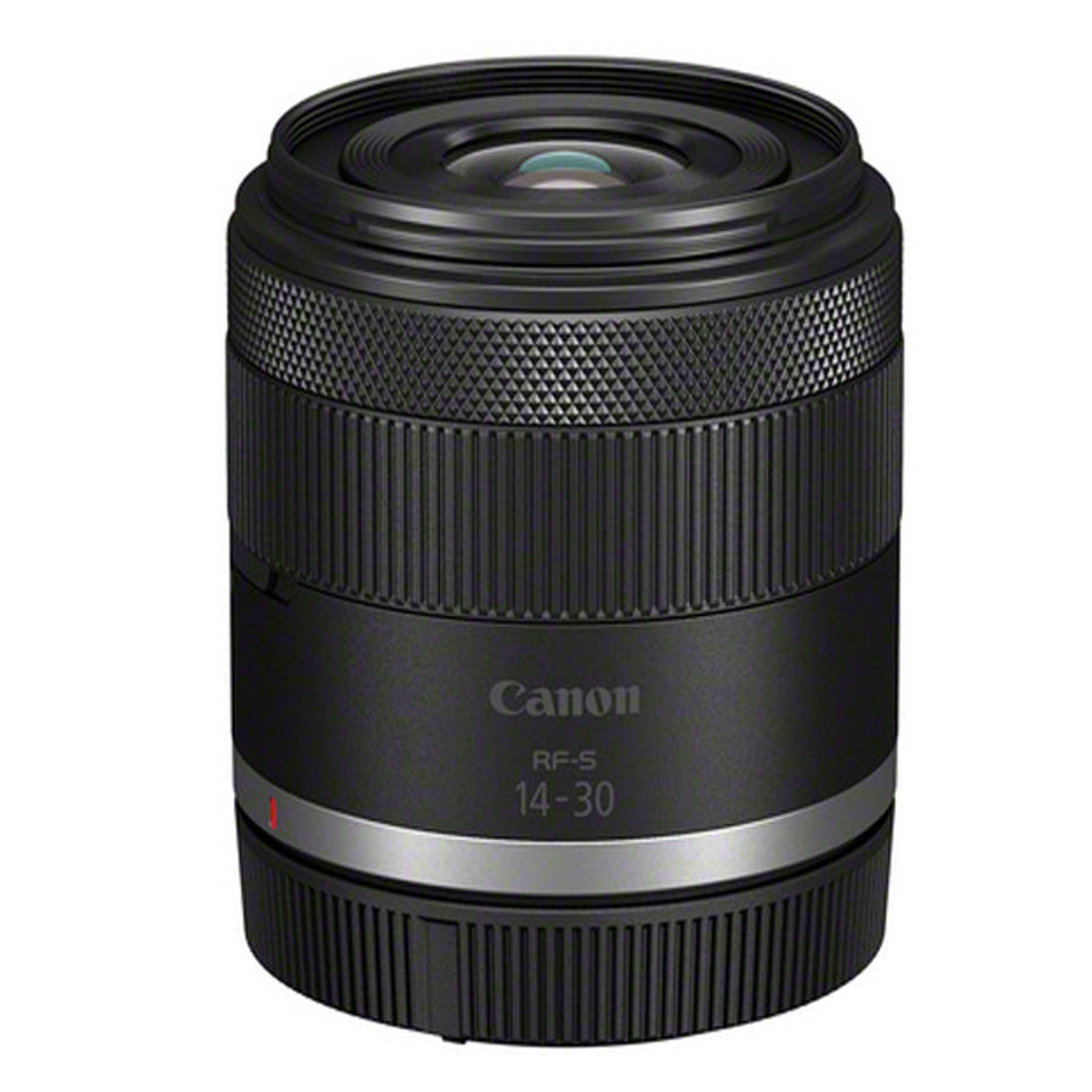Schwarzes Canon RF-S 14-30 Kameraobjektiv mit gerändelten Ringen auf weißem Hintergrund.