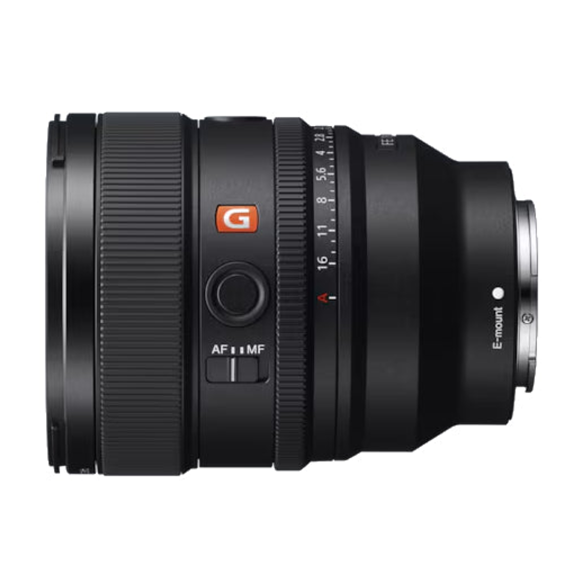 Odak halkalı ve AF/MF anahtarlı siyah Sony G-Master kamera lensi.