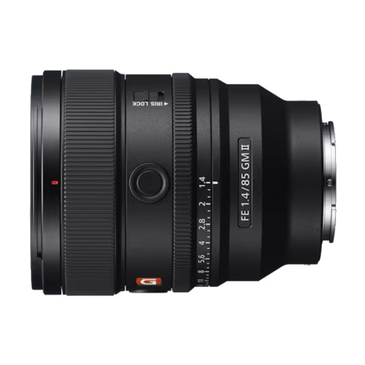 Beyaz arka planda halkalar ve anahtarlarla siyah Sony FE 1.4/85 GM II kamera lensi.
