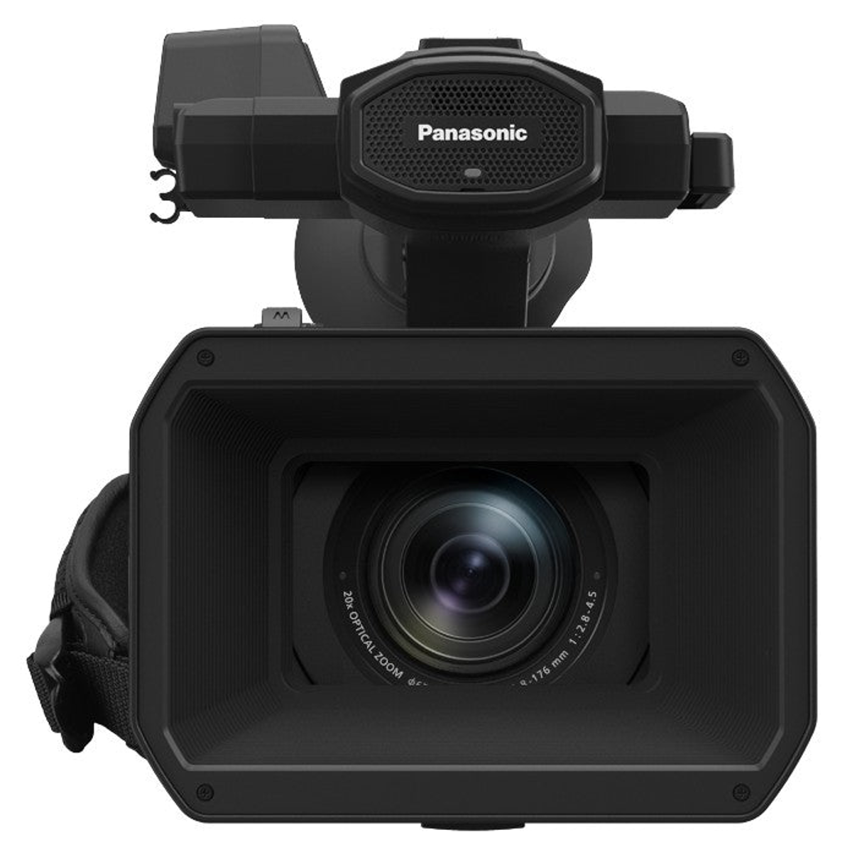 Widok z przodu czarnej kamery wideo Panasonic z dużym obiektywem i mikrofonem.