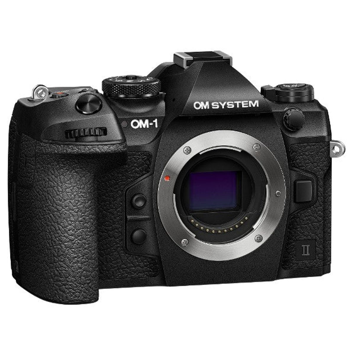 Schwarze OM SYSTEM OM-1 Mark II Systemkamera auf weißem Hintergrund.