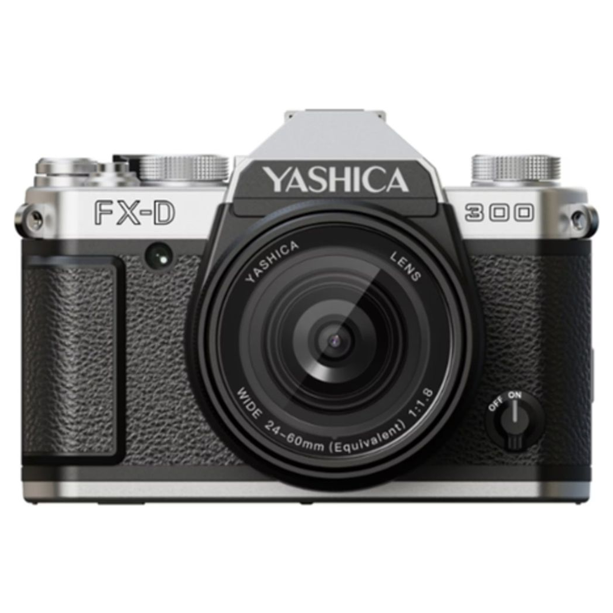 Silber-schwarze Yashica FX-D 300 Kamera mit Yashica-Objektiv vorn.