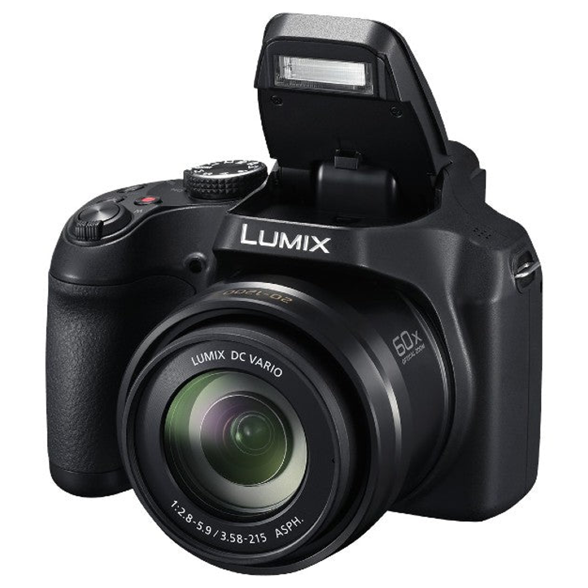 Schwarze Lumix-Kamera mit hochgeklapptem Blitz und großem Objektiv auf weißem Hintergrund.