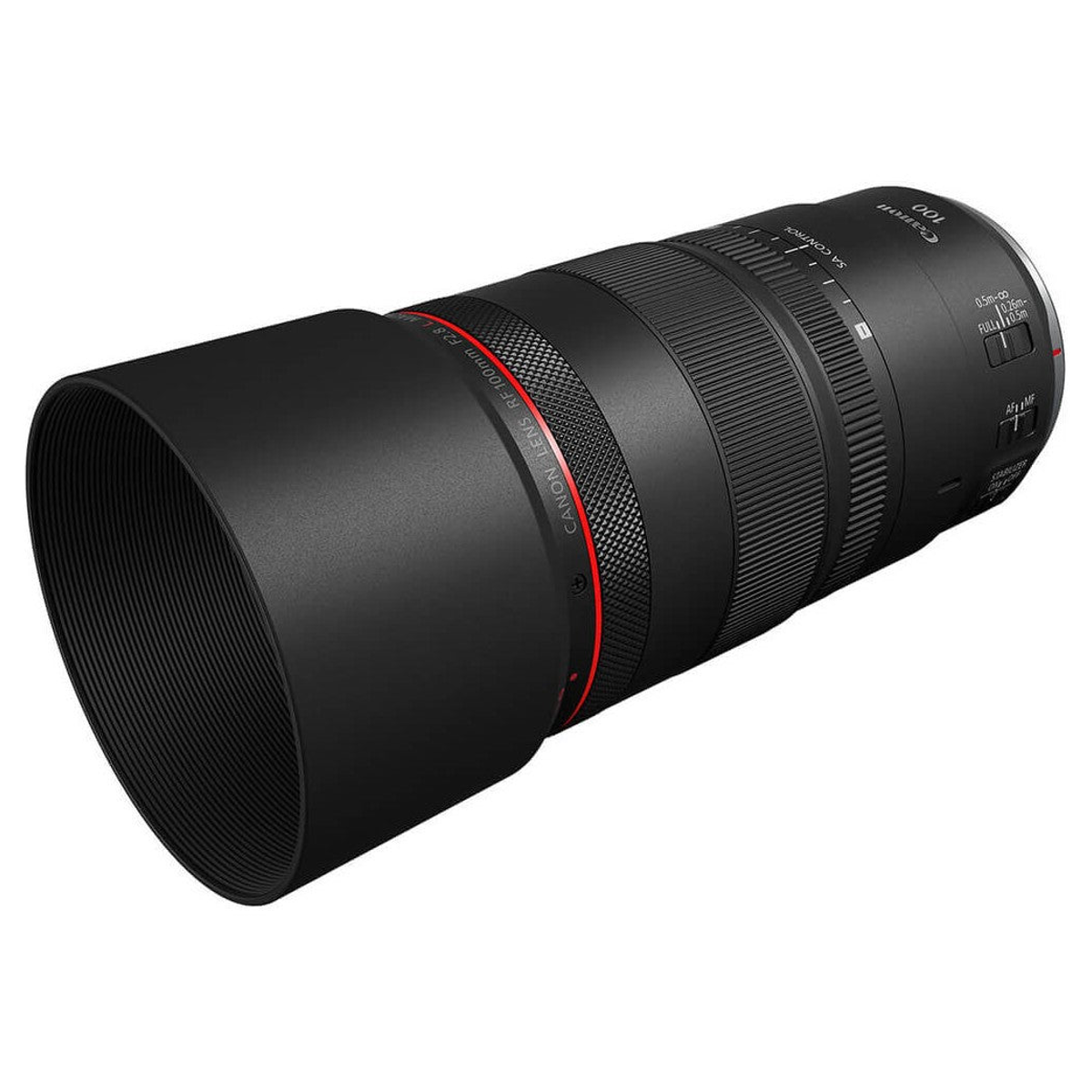 Ein schwarzes Canon RF 100mm Makro-Objektiv mit rotem Ring steht auf weißem Grund.