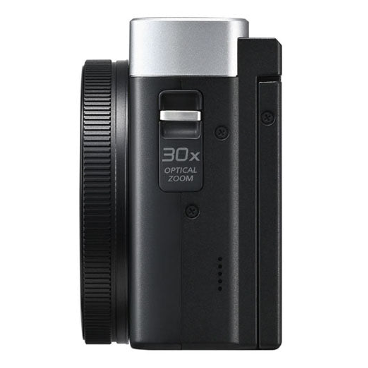 Side view of a black camera with a silver top, textured focus ring, and 30x optical zoom text.
