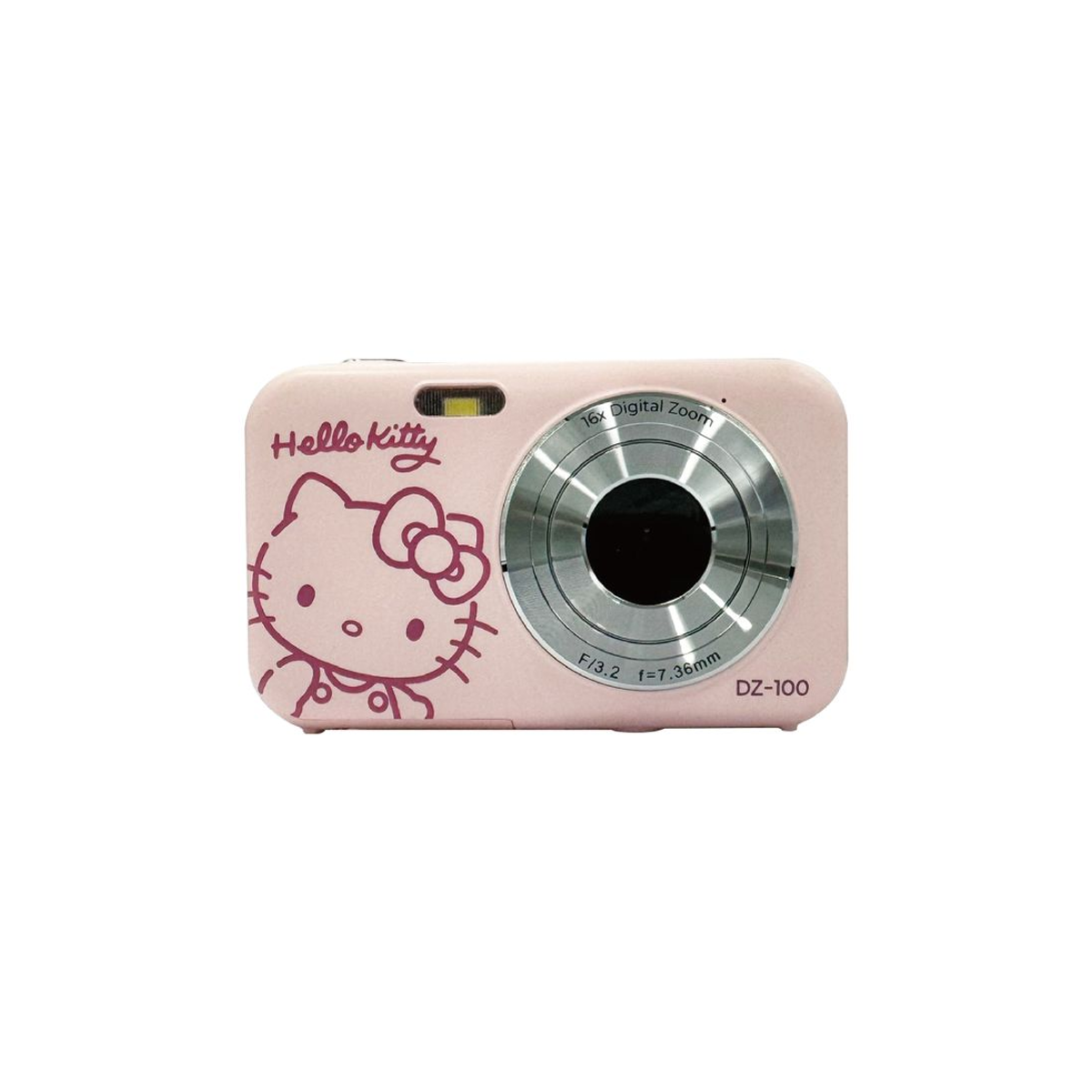 Eine rosa Hello-Kitty-Digitalkamera mit silbernem Objektiv vor weißem Hintergrund.