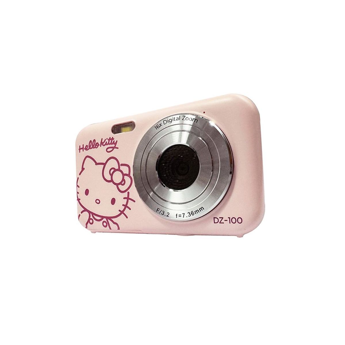 Eine rosa Hello Kitty Digitalkamera DZ-100 mit silberner Linse.