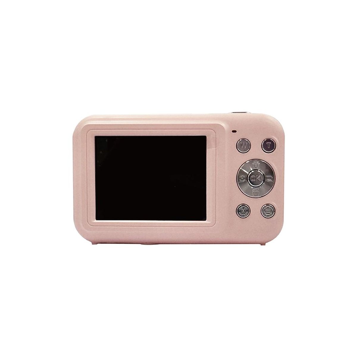 Eine kleine rosa Kinderkamera mit Bildschirm und silbernen Knöpfen auf weißem Hintergrund.