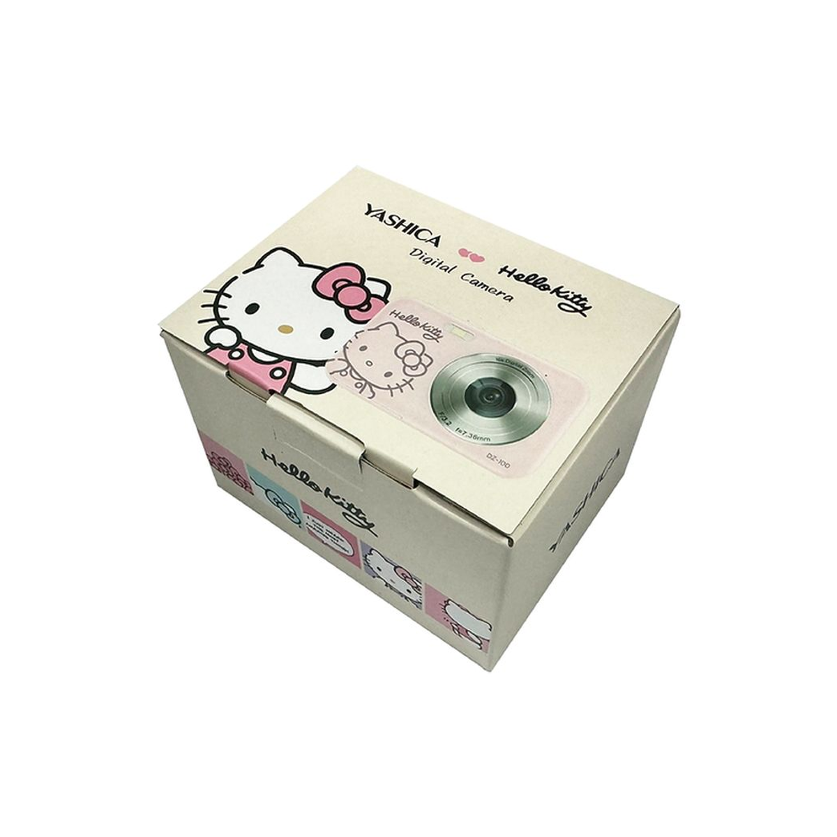 Eine beige Verpackung für eine Yashica Hello Kitty Digitalkamera mit aufgedruckten Figuren.