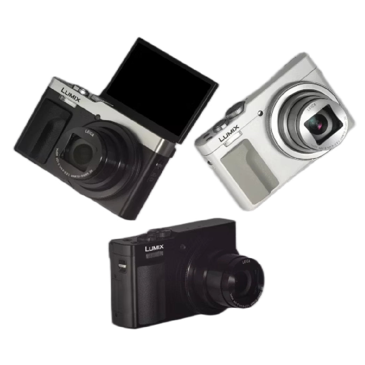 Trzy aparaty cyfrowe Lumix w kolorze czarnym i srebrnym na białym tle.
